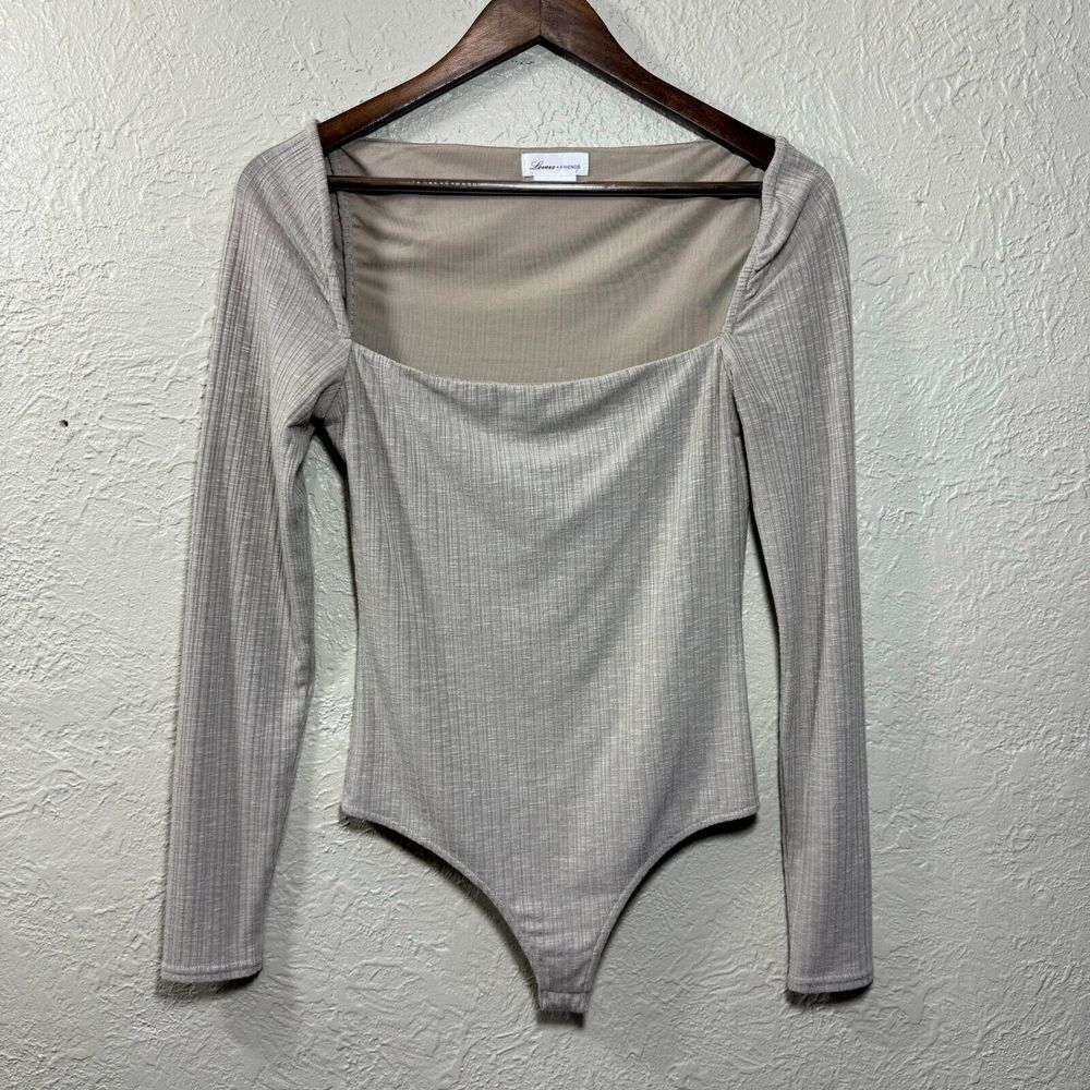 Lovers‎ + Friends Revolve Bodysuit Small Ribbed Square Neck Tan Neutral Bodycon